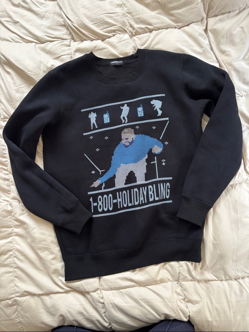 1-800-Holiday Bling Drake Black Crewneck Sweatshirt Christmas Ugly Sweater